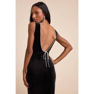 Lulus Barisan Black Velvet Rhinestone Bow Backless Maxi Dress - Size S